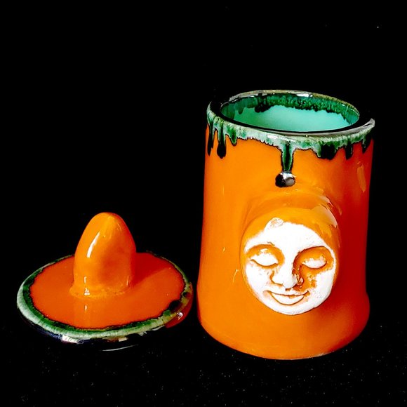 Handmade Small Ceramic Moon Face Stash Jar, Tigerlily Orange - Picture 2 of 9